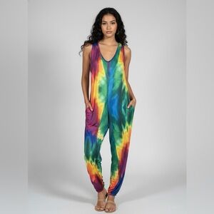 NWT Lily By Firmiana Rainbow Tie Dye Jumpsuit Pockets Elastic Ankle Size M